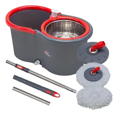 Peças separadas: balde com centrífuga inox, cabo desmontável, disco giratório e panos