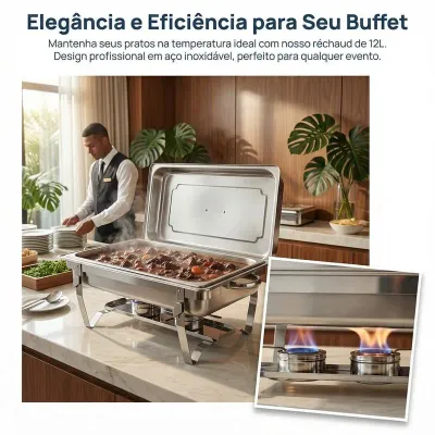 Rechaud Profissional Inox 12L com 1, 2 ou 3 Divisórias para Buffet Festas Eventos