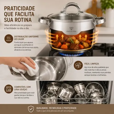 Jogo de Panelas Inox 19 Peças Genebra Completo com Utensílios + BRINDE 6 Utensílios de Cozinha