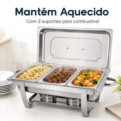 Rechaud Profissional Inox 12L com 1, 2 ou 3 Divisórias para Buffet Festas Eventos