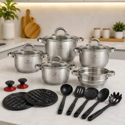 Jogo de Panelas Inox 19 Peças Genebra Completo com Utensílios + BRINDE 6 Utensílios de Cozinha