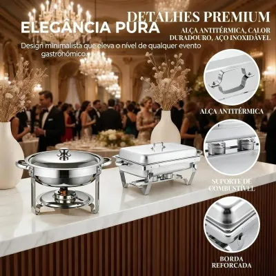Rechaud Profissional Inox 12L com 1, 2 ou 3 Divisórias para Buffet Festas Eventos