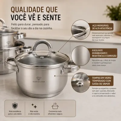 Jogo de Panelas Inox 19 Peças Genebra Completo com Utensílios + BRINDE 6 Utensílios de Cozinha