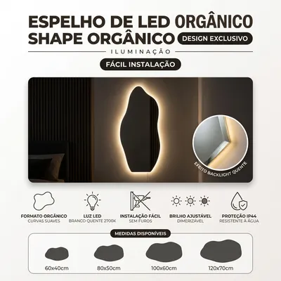 Espelho Orgânico Com Led Design Moderno Luxo Sem Moldura