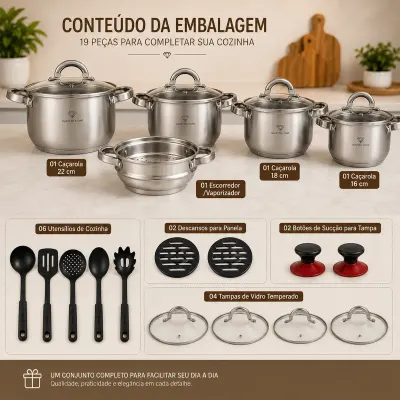 Jogo de Panelas Inox 19 Peças Genebra Completo com Utensílios + BRINDE 6 Utensílios de Cozinha