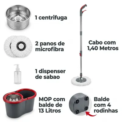 O que vem na caixa: 1 centrífuga, 2 panos de microfibra, 1 dispenser de sabão, balde de 13 litros com 4 rodinhas e cabo de 1,40 m