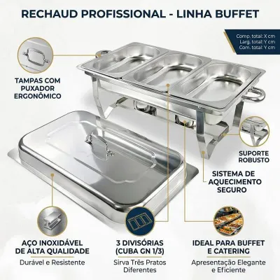 Rechaud Profissional Inox 12L com 1, 2 ou 3 Divisórias para Buffet Festas Eventos