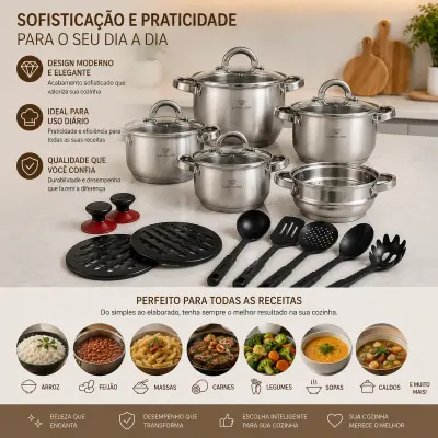 Jogo de Panelas Inox 19 Peças Genebra Completo com Utensílios + BRINDE 6 Utensílios de Cozinha