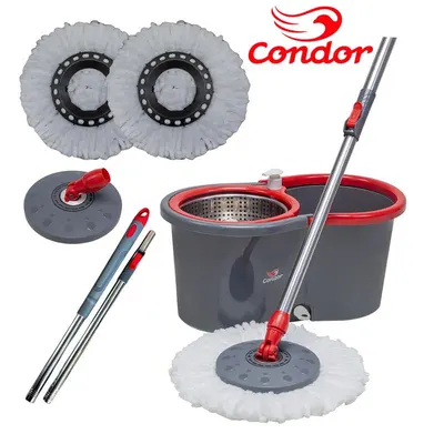 Mop giratório Condor completo: balde 13L, centrífuga inox, cabo e dois panos de microfibra
