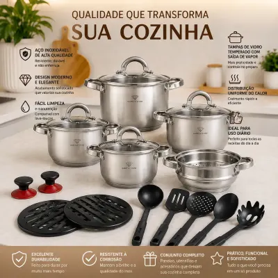 Jogo de Panelas Inox 19 Peças Genebra Completo com Utensílios + BRINDE 6 Utensílios de Cozinha