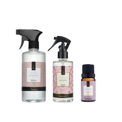 Kit com água perfumada, home spray e essência aromática